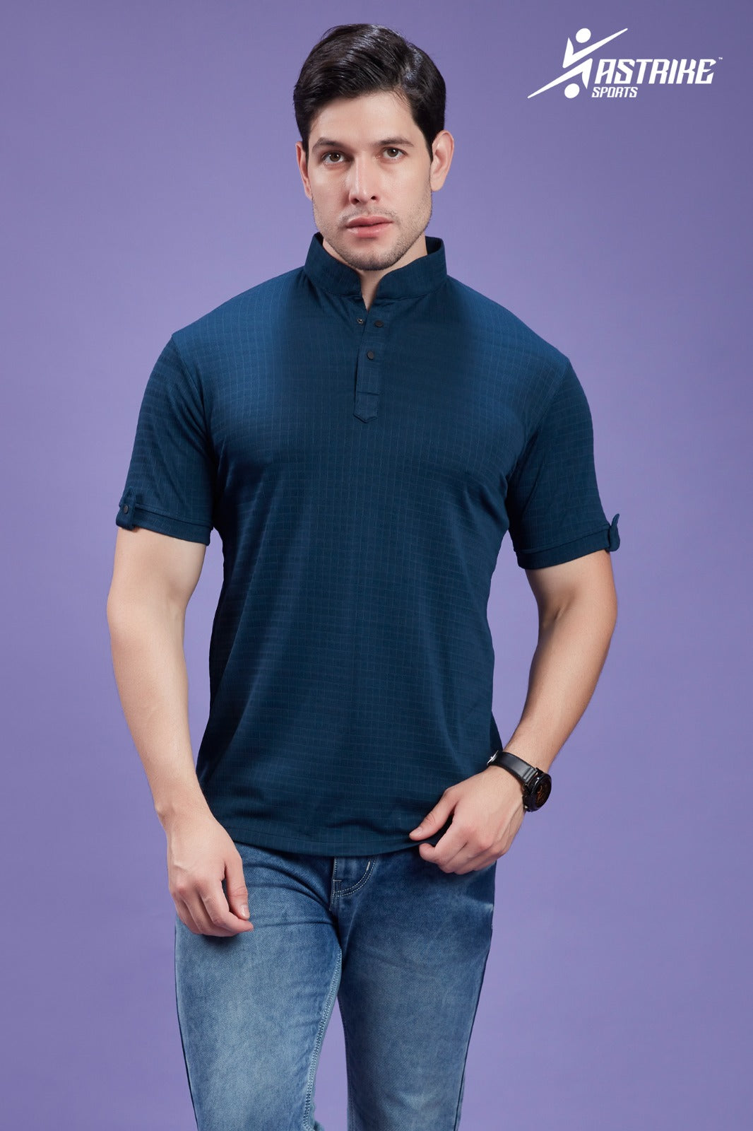 Men Solid Slim Fit Polo Neck Half Sleeves Blue T-shirt QR 43